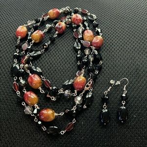 New Red/Brown Beads Long Lariat Statement Necklace Earring Gift Set